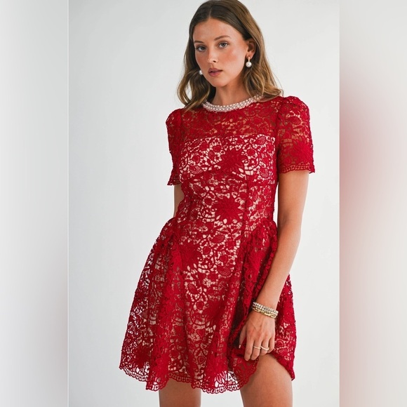 Endless Blu Dresses & Skirts - Endless Blu Red Lace Dress Pearl Neckline Festive Holidays